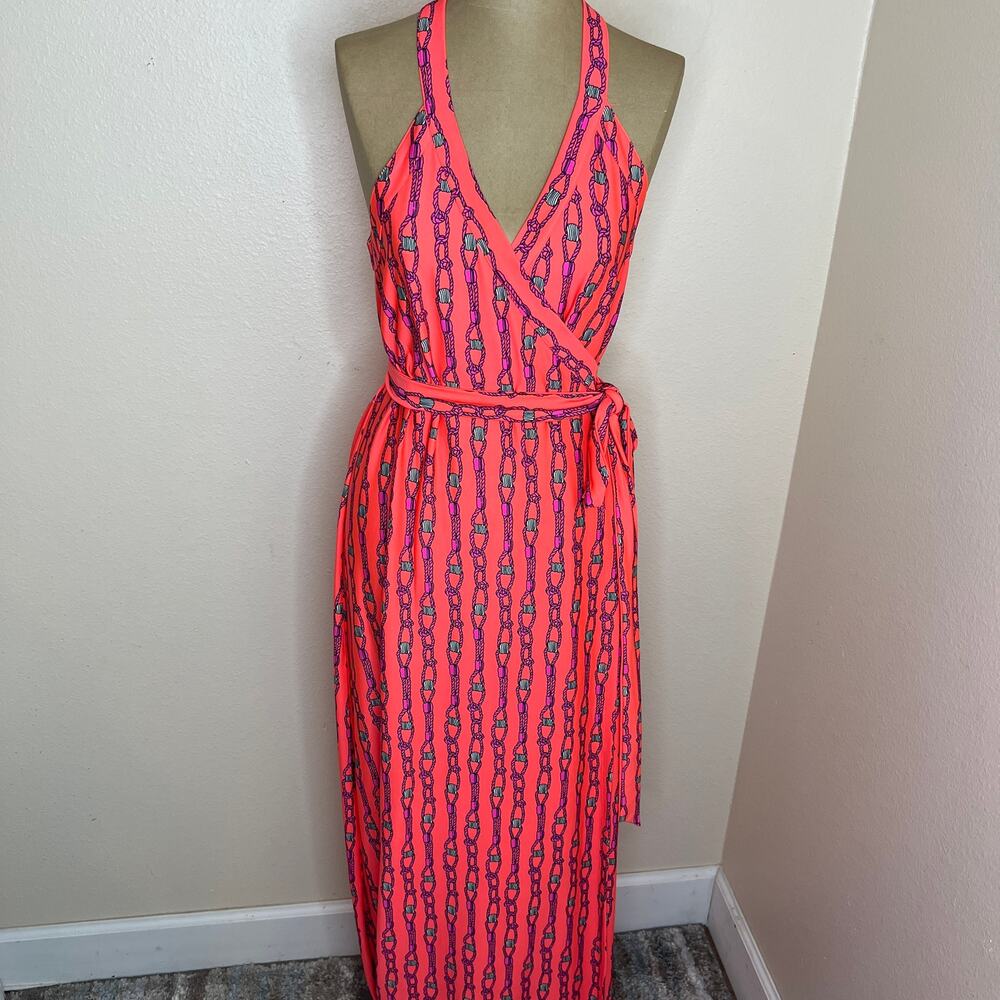 Julie Brown NYC Rope Print Coral Halter Maxi Wrap Dress Small